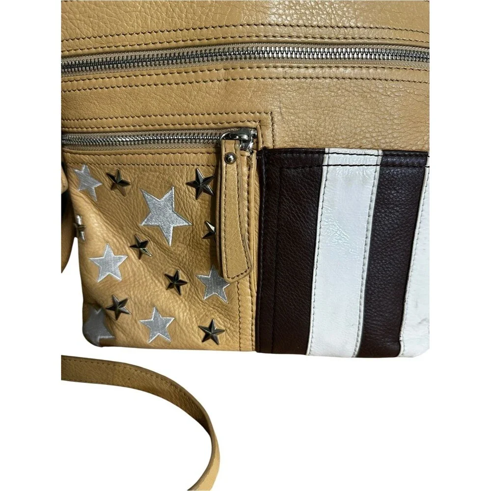 Sharif 1827 Leather Crossbody Organizer Bag Tan Studded Stars Striped Pocket